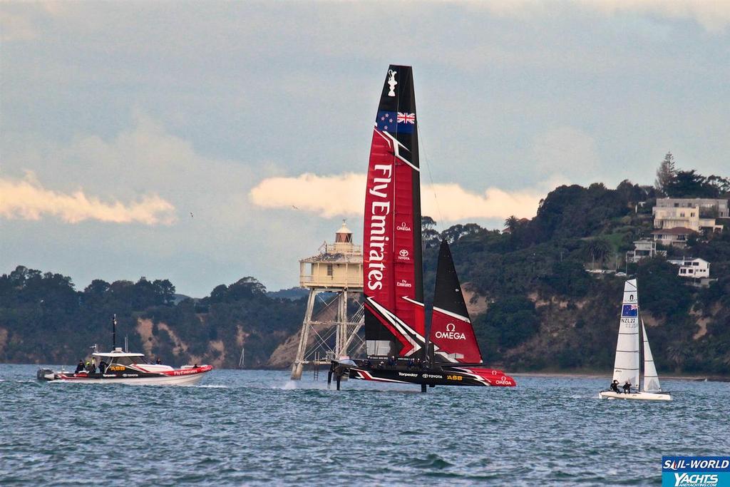 Emirates Team New Zealand AC45 Surrogate or Test/Development boat sailing on Auckland harbour in the late afternoon of September 1, 2016 © Richard Gladwell www.photosport.co.nz